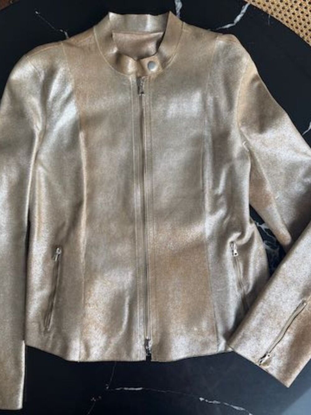 DKNY Sleek Gold Modern Moto Jacket, 100% Goat Leather, Size 6